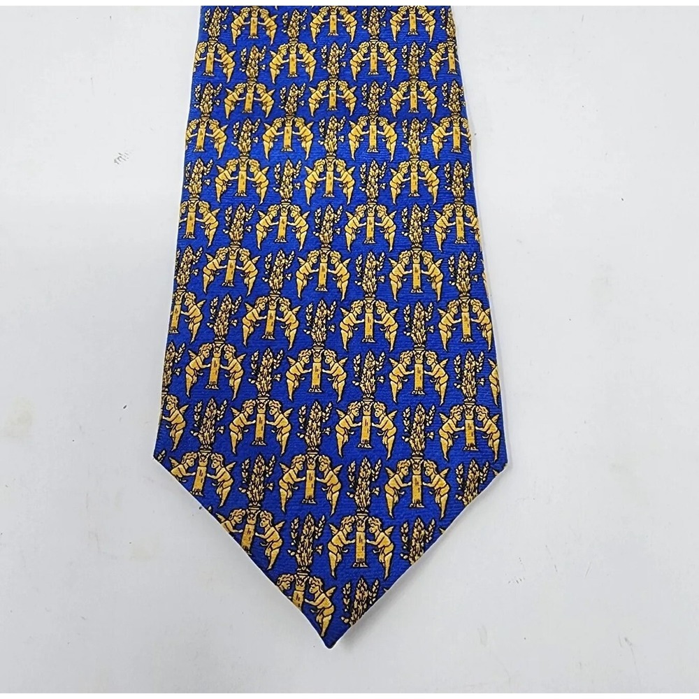 Tilton's 100% Silk Tie Hand-Made in Italy Blue Background w Gold Cherubs Angels